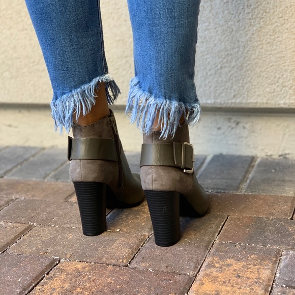 Olive Distressed Leather Chunky Heel Ankle Booties - Picture 7 of 8